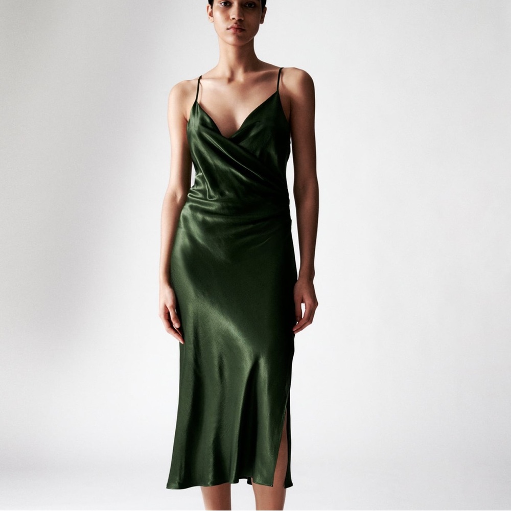 Zara Lingerie Style Wrap Draped Midi Camisole Dress Size XS Green
